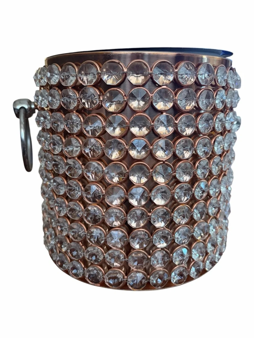 Glam Rose Copper Crystal Beaded Ice Bucket w/ Lid Hollywood Regency Barware